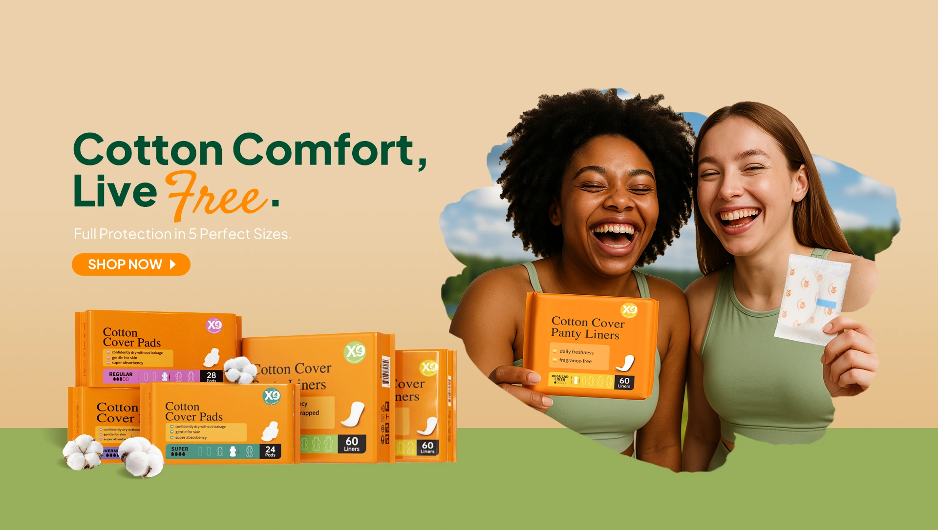 Two women holding X9 cotton cover pads with product boxes in front