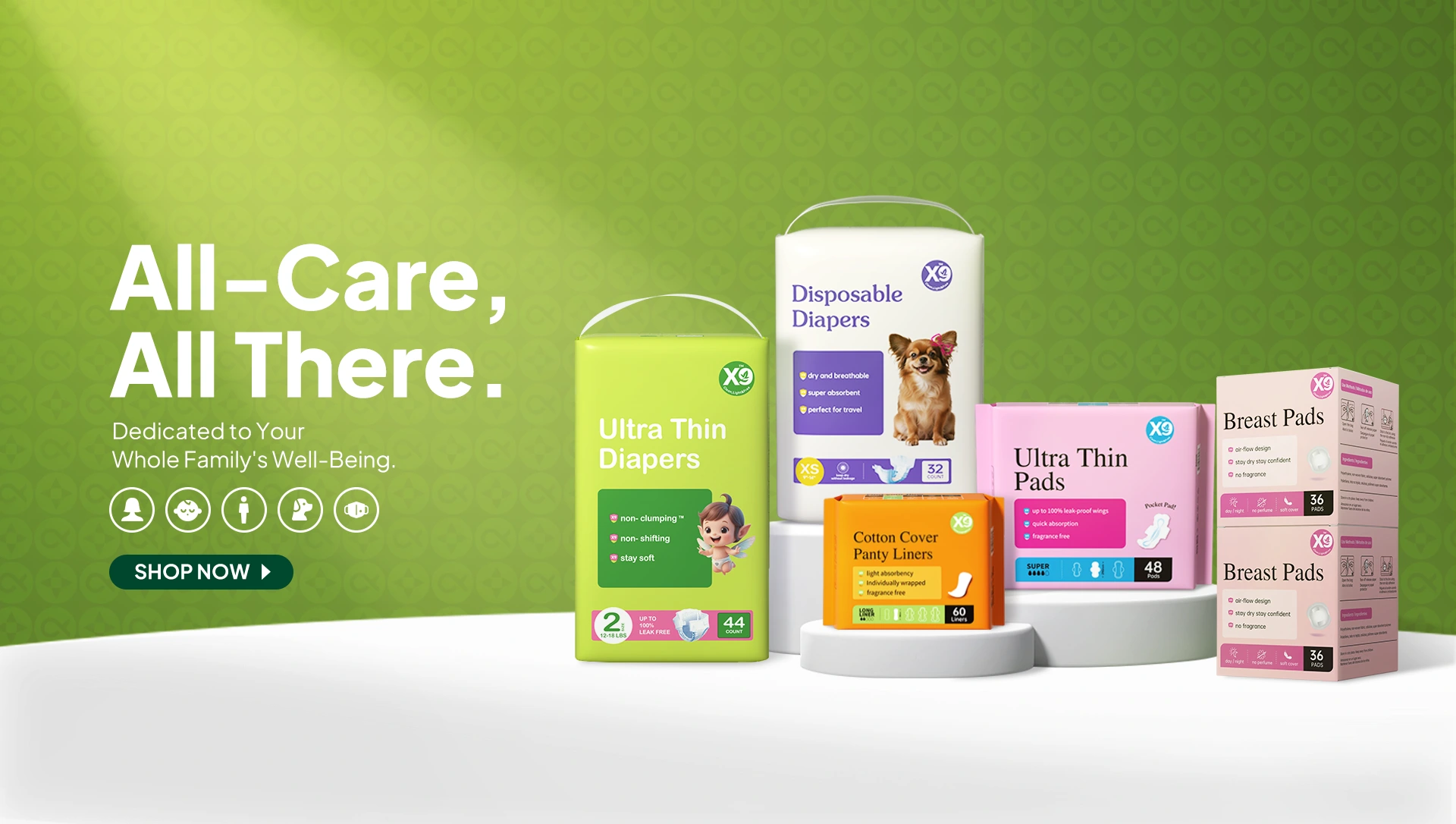 X9 family care products display including diapers, pads, liners and breast pads